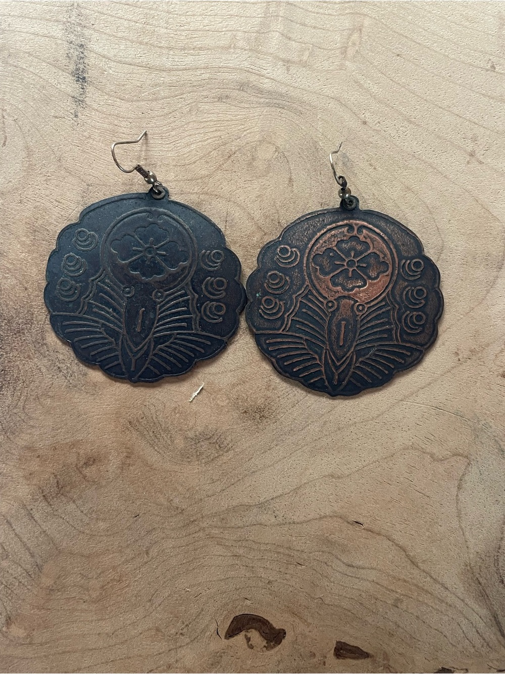 Handcrafted Copper Earings Hand Sketched Butterfly Floral Patina